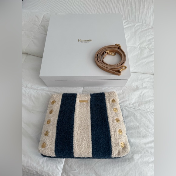 Hammit Duke Bag in Cabana Stripe Blue White Tan Leather Terry Cloth - Picture 9 of 11